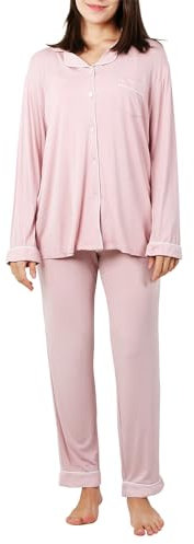 OCCIENTEC Ensemble de Pyjama Femme Vêtements de Nuit Boutonné à Manches Longues Pyjamas Femme 2 Pcs en Modal Hiver Doux à Porter Et Confortable Rose XL