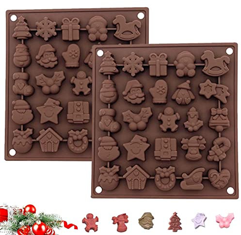 2 Pcs Silicone Chocolate Moulds, 50-Cavity Non Stick Christmas Chocolate Mould Cake DIY Baking Molds for 3D Xmas Candy with Christmas Themed Shapes