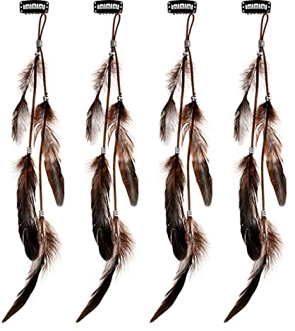 MWOOT 4 Stück Federschmuck für Damen, Handgefertigt Böhmische Feder Haarschmuck mit Klipp, Indianer Federn Haarextensions Feather Hair Clips für Halloween Karneval Cosplay Party Kostüm Verkleiden