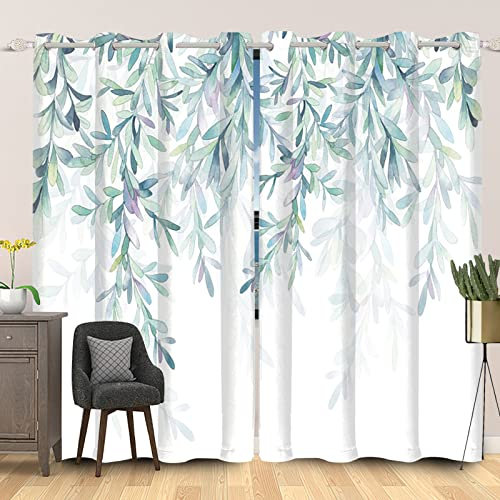 SDOTPMT 107x215cm Baum Laub Fenstervorhang Grün Eukalyptus Blatt Weide Laub Bauernhaus Magie Fenstervorhänge Natürlich Weiß Blickdichte Vorhänge für Wohnzimmer Verdunkelung Vorhänge, 2 Stücke