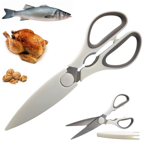 Ciseaux de cuisine multifonction en acier inoxydable 22 cm pour volaille, pizza, volaille, viande, poisson, légumes, os, noix, confort grip avec couvre-feuille de sécurité