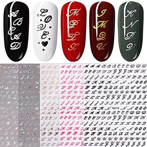 JMEOWIO 6 Sheets Glitter Old Letter Nail Art Stickers Decals Self-Adhesive English Alphabet Nail Supplies Nail Art Design Decoration Accessories