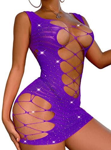 RSLOVE Lingerie Donna Sexy Babydoll A Rete Abito Mini Intimo Camicia da Notte Viola Taglia Unica