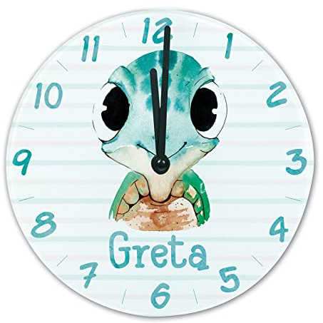timalo® Wanduhr Tiere Kinderzimmer personalisiert mit Namen | Geschenk Uhr für Kinder mit süßen Tiermotiven | Schildkröte glasuhr-t-04