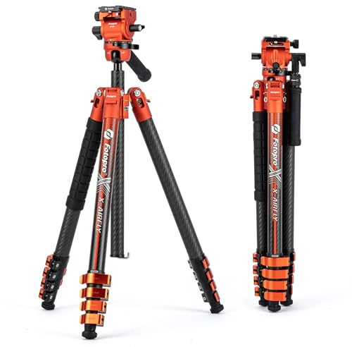 Fotopro X-AIRFLY Video 164 cm Kohlefaser-Videostativ – 25 mm Rohre, 30 mm Kugelkopf + Flüssigkeitskopf, 4,5 kg Traglast, Metallklappverschluss, professionelles Videostativ, Orange