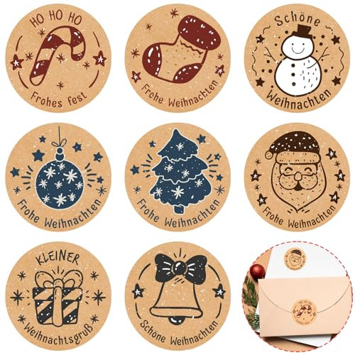 Aufkleber Weihnachten Rund im 8 Stil, 504 Stück 4cm Kraftpapier Weihnachtsaufkleber Selbstklebend Weihnachts Sticker Etiketten mit Frohe Weihnachten Motiven für Geschenkverpackungen Umschlag