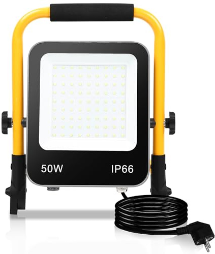 Sonnewelt Projecteur de Construction LED 2 x 50W 5100LM Lampe de Travail Portable IP66 Projecteur de Lampe de Travail étanche 6000K Blanc Froid Support Pliable pour Chantier, Garage