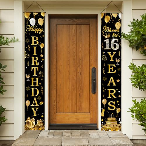 Happy 16th Birthday Door Banner, Black Gold Fabric Door Porch Sign Banner for Boys & Girls, 16 Years Old Birthday Banners for Indoor & Outdoor Decor