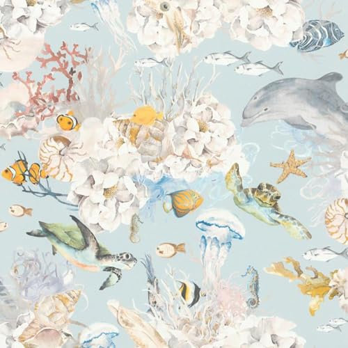 Kids Coral Reef Blue Multicoloured Wallpaper - Feature Wall Sea Life Fish Turtles - Textured Paste The Wall