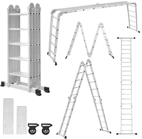Aufun 6 in 1 Alu Mehrzweckleiter Teleskopleiter Leiter 4x5 Stufen | mit Plattform Ladder Max Tragfähigkeit 150kg Stehleiter Schiebeleiter Klappleiter mit Gerüstplatten