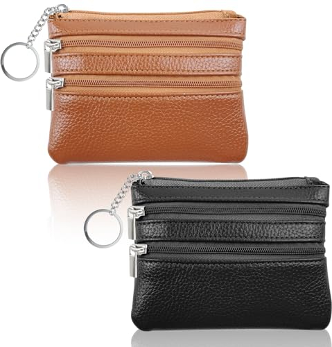 Furuising 2 Pièces Petit Porte-Monnaie Cuir Femme, Mini Porte Monnaie Cuir, Petit Portefeuille avec Porte-clés et 3*Compartiments, Mini Coin Purse pour Femme Homme Enfant Fille Garcon(Noir Marron)
