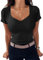 TrendiMax Damen T-Shirt Herzausschnitt Kurzarm Sommer Shirt Gerippt Slim Fit Oberteile Casual Bluse Tops (M, Schwarz)