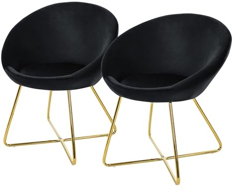 ML-Design Lot de 2 Chaises de Salle à Manger en Velours, Noir, avec Dossier Rond, Assise Rembourrée, Pieds en Métal Doré, Chaise de Maquillage, Fauteuil Ergonomique pour Table à Manger, Cuisine, Salon