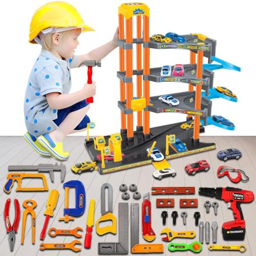 Koolbitz Kids 4 Storey Car Parking Lot with 37pcs Toolsets Parking Garage Pretend Play Toy for Children Fun Play Ramps Car Lift and Cars for Boy & Girls Indoor Floor Game Toy