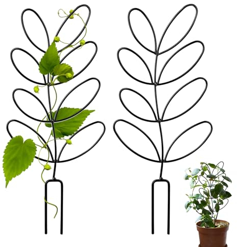 Metal Trellis for Climbing Plants Indoor, 2 Pack 12'' Small Leaf Shape Plant Climber Supports Mini Garden Trellis Potted Plant Stakes Houseplant Accessories for Hoya Vines, Pothos, Flower, Monstera
