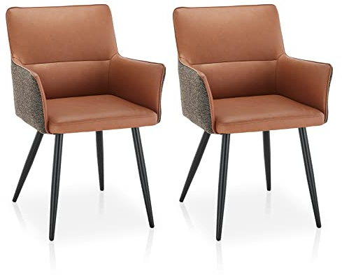 TUKAILAI Esszimmerstühle 2er Set, Armlehnstuhl aus Kunstleder und Leinen, Küchenstühlemit Metallbeinen,Polsterstuhl, Freizeitstühle, Sessel, Esszimmer, Wohnzimmer, Schlafzimmer, Braun