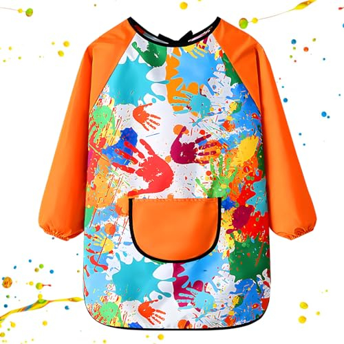 GEBETTER Malschürze Kinder Malerkittel für 7-11 Jahre Mädchen Junge Tuschkittel Wasserdicht Malkittel Bastelschürze mit Ärmeln und Big Taschen für Schule Kunst Malerei Kochen (Orange)