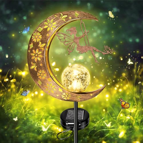 JONRRYIN Mond Solarlampen für Außen, Feenweglicht für Außen Gartendeko Terassendeko, Metall Solar LED Glaskugel Gartenleuchte, Gartendeko für Draußen, Gilt für Terrasse Balkon Pfahlpfad Rasen