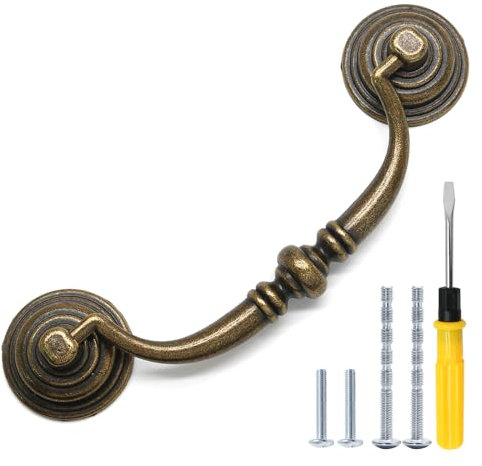 Biaungdo 6 tiradores centrales de 110 mm, aleación de zinc, estilo rústico, vintage, abatible, para cajones de cocina, gabinetes (5.5 pulgadas de longitud total)