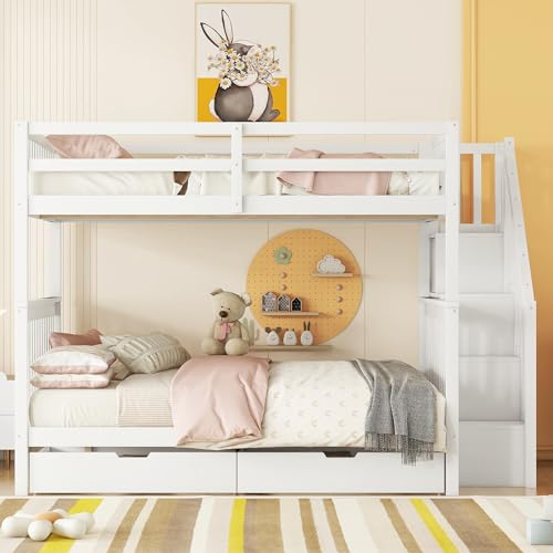 Idemon Etagenbett 140 * 200 cm, Treppenrahmen mit Zwei Schubladen, hohe Gitter, Kinderbett, Jugendbett, EN 747-1 Zertifiziert, weiß (140 * 200cm)