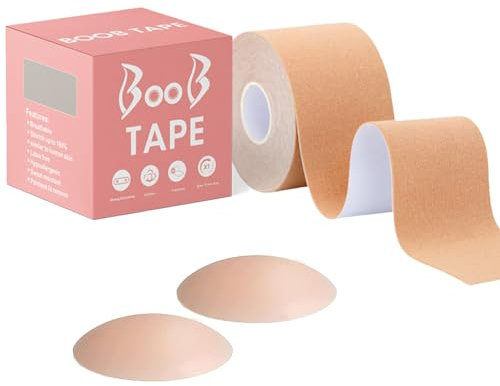 Boob Tape Set,5cm*5m Boobtapes with 2 PCS Reusable Nipple Covers Booby Body Tape for Lift & Support Self-Adhesive Strapless Boobtapes Invisible Bra for Women Large Breasts A-G Cup