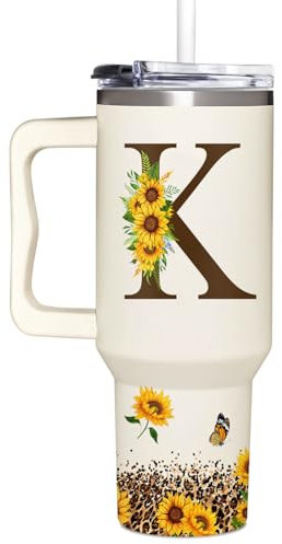 Regalos de cumpleaños personalizados para mujeres, taza monogramada de girasoles para el día de la madre, regalos personalizados para mujeres, mamá, abuela, jefa, ella, vaso personalizado con asa, 40