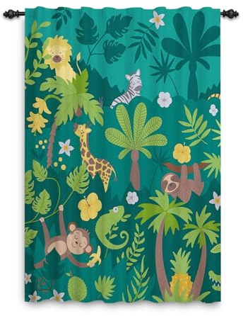 ggaimwf Dschungel-Safari-Vorhänge mit Bleistiftfalten Tiere Wald Tropisch Bunter Cartoon-Zoo Fenstervorhang für Kinderzimmer Spielzimmer Türvorhang innen Schlaufe hinten 107x160 cm 1 Stück