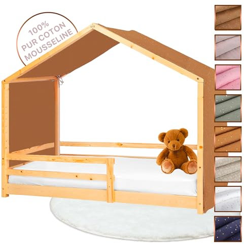 Lovely Hippo Hausbett Himmel - 100% Baumwolle Betthimmel Hausbett aus Musselin - Bett Vorhang Kinderbett - Himmelbett Vorhänge für 80x160 & 90x200 (Kakao/Gold, 97 x 402cm, Ohne Tasche)
