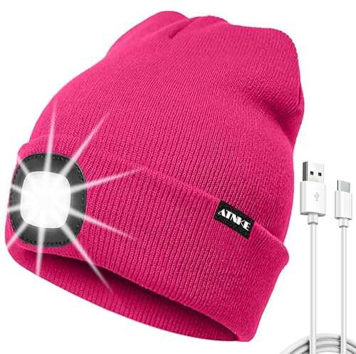 ATNKE LED Mütze mit Licht, USB Typ C Wiederaufladbare 4 LED Beleuchtete Laufmütze Extrem Heller Lampe Winter Warme Stricken Mütze für Herren und Damen Geschenke/Rose Red