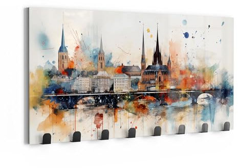 DEQORI Wandgarderobe Glas & Metall | Motiv Bunter Stadtzauber | 60x30 cm | Design Haken-Leiste modern | Garderoben-Paneel für Flur, Wohnzimmer & Schlafzimmer | magnetisch & beschreibbar