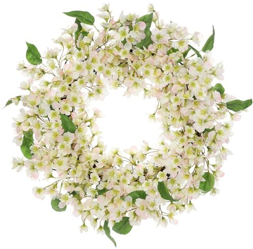 Hollyone Künstliche Kirschblüte Blumenkranz Rosa, 51cm Frühlingsblumenkranz Türkranz, Kirschblüte Dekorativer Kranz für Haustür, Mantel, Wand, Bauernhaus Deko