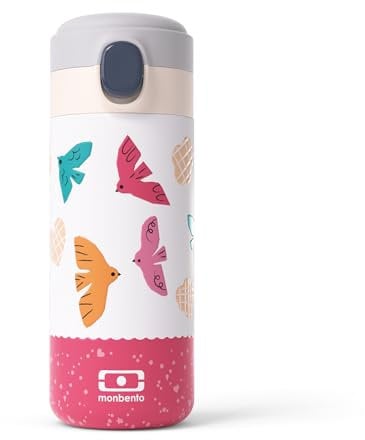 MONBENTO - Cantimplora Termica Infantil Pop rosa Birds - Botella Agua Niños 360ml para Bebidas Calientes/Frías hasta 12 horas - Botella Termica Infantil Ideal para Escuela - Sin BPA - Pájaros