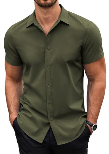 COOFANDY Mens Short Sleeve Shirts Summer Wrinkle Free Shirt Dress Shirt Business Casual Shirts Regular Fit Button Up Office Shirts Muscle Fit Shirts ArmyGreen L