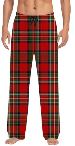 Pyjamahose Herren Lang Weihnachten Schlafanzug Flanell Herren Pajamas for Men Mini Weihnachtsbaum Weihnachtskugeln Rot Plaid Pajama Pants Weihnachten Pyjamas