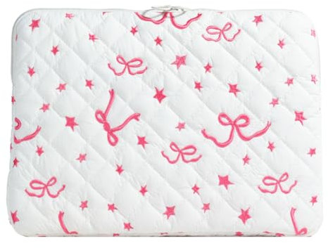 CHAMAIR Cute Laptop Sleeve 15 Inch Puffy Cover Quilted Coquette Case Bow Notebook Bag Aesthetic for Macbook 14'' 15'' (15inch White)