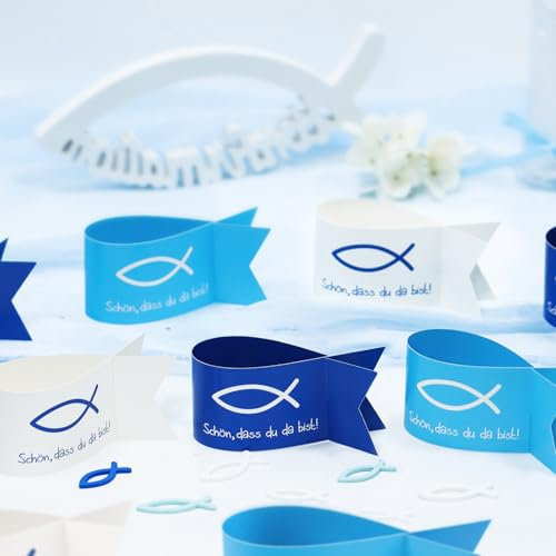 MEJOSER 36 Stück Tischdeko Fische Kommunion Konfirmation Taufe Deko Tisch Blau Weiß Firmung Kommunion Deko Junge DIY Basteln Schön dass du da bist Geschenke