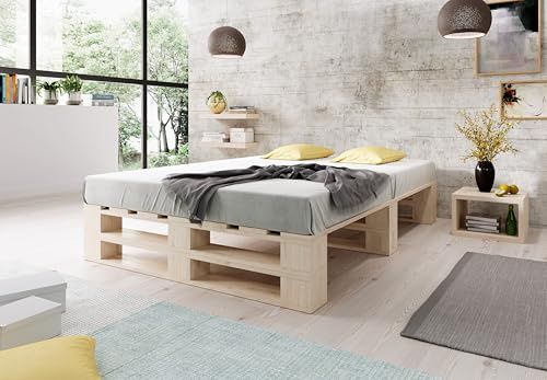 Lermowood Palettenbett M2 aus Holz 160 x 200 cm Natur mit Lattenrost Holzbett 30cm Stabiles Seniorenbett Kinderbett Jugendbett Gästebett erhöhtes Einzelbett Bettgestell Futonbett Komforthöhe Naturholz