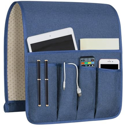 Remote Control Holders for Armchairs, Couch Caddy, Featuring Non-Slip Bases | 5 Pockets Bedside Storage Pocket for TV Remote Holder, Phone Tablet Kindle, Magazines, Gifts for Seniors (Blue， 35X12.4)