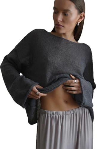 Nutria Häkelpullover Damen Rundhals Langarm Strickpullover Oversize Hakelnadel Cover Up Mesh Hollow Out Oberteil Lechit lässig Streetwear Schulterfrei Lässig & Vielseitig D11 Grau M