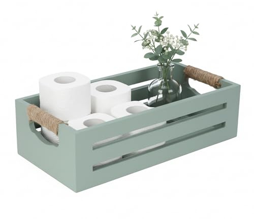 Gzsekken Toilet Roll Basket, Black Storage Basket for Bathroom Toilet Tank Roll Toiletries Organiser Wood Tray for Bath Accessories Organisation Décor-Sage Green