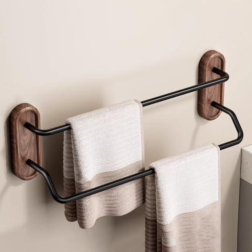 Porte-serviettes de salle de bain moderne rustique double couche sans perçage Étagère murale en bois massif pour drap de bain, essuie-mains, salle de bain, toilettes (50 cm)