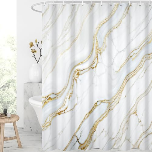 GCIREC Duschvorhang, 180x200cm, Gold und Weiß Marmor Moderne Crack Luxus Textur Tinte Wasserdichter Stoff Maschinenwaschbarer Badezimmervorhang mit Haken