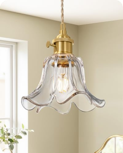 EDISHINE Modern pendellampa med klar blomglasskärm, E27 | 1,5 m höjdjusterbart hamparep, vridströmbrytare, inklusive glödlampa, perfekt för köksö, matbord och hall