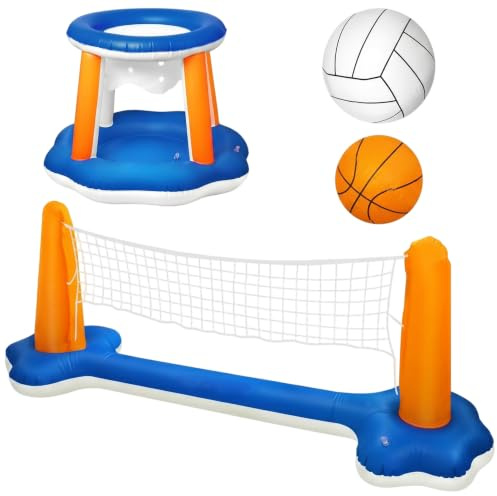 Xoeryoy Filet de Volley-Ball de Piscine et Filet Basket-Ball Piscine, Jeu d'eau Gonflable Flottant avec 2 balles, Jouets d'été extérieur/intérieur pour Adultes, Famille et Adolescents
