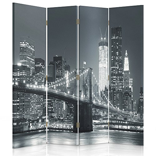 Raumteiler Ggedruckten auf Canvas Leinwand Wandschirme dekorative Trennwand Paravent beidseitig 4 teilig (145x180 cm) BRÜCKE Stadt Nacht NEW YORK BROOKLYN BRIDGE SCHWARZ UND WEIß