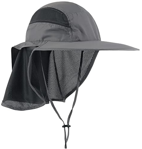 WANYING Unisex UV Schutz Sonnenhut mit Nackenschutz 12cm Großer Brim Outdoor Aktivitäten - für Kopfumfang 56-62cm Dunkelgrau