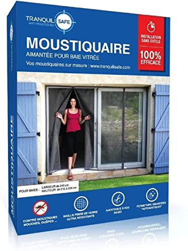 Moustiquaire ajustable aimantée TRANQUILISAFE® pour baie vitrée avec 2 ouvertures aimantées – moustiquaire magnétique – moustiquaire automatique – protection anti moustique (L 240 - H 216/224)