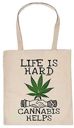 Cannabis Spruch/Motiv Tasche - Baumwolltasche Kiffer : Live is Hard Cannabis Helps - Tragetasche Grass/Weed/Hanf - Farbe: Creme