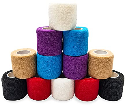 Selbsthaftende Bandage 5 x 450 cm (12 Rollen), Fixierbinde Selbsthaftend für Verstauchungen, Schwellungen, Erste Hilfe und Schutz beim Sport (Mehrfarbig)