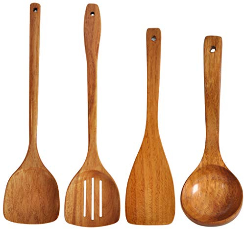 FJNATINH Holzspatel, Pfannenwender, Schöpflöffel mit langem Griff, handgefertigt für Küche Kochgeschirr (4 Sets)